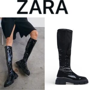 ZARA BLACK PATENT KNEE HIGH LUG SOLE BOOTS CHUNKY PLATFORM EDGY MINIMALIST EU 39
